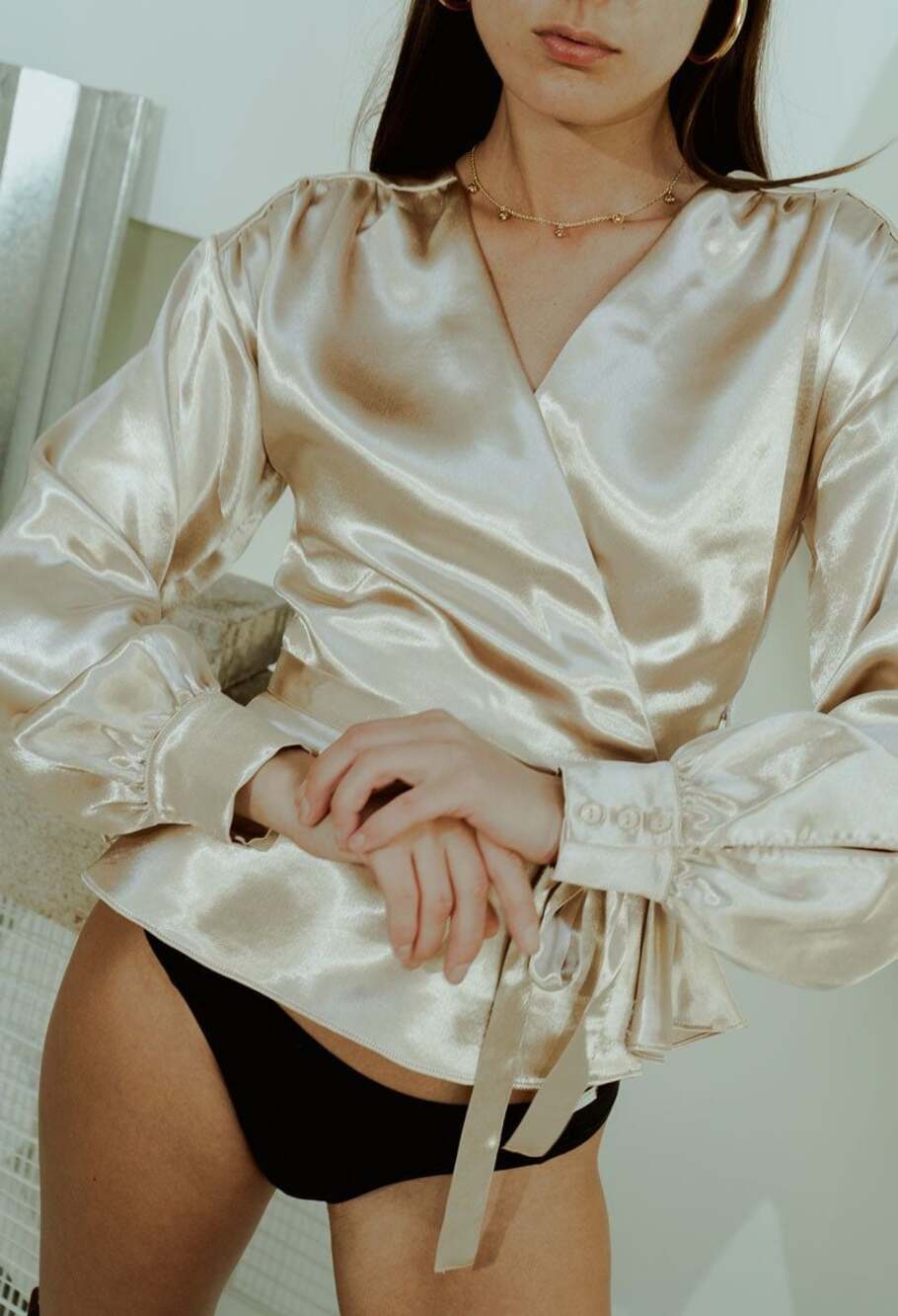 FWSS Petra Champagne Beige Satin Wrap Blouse Size XS